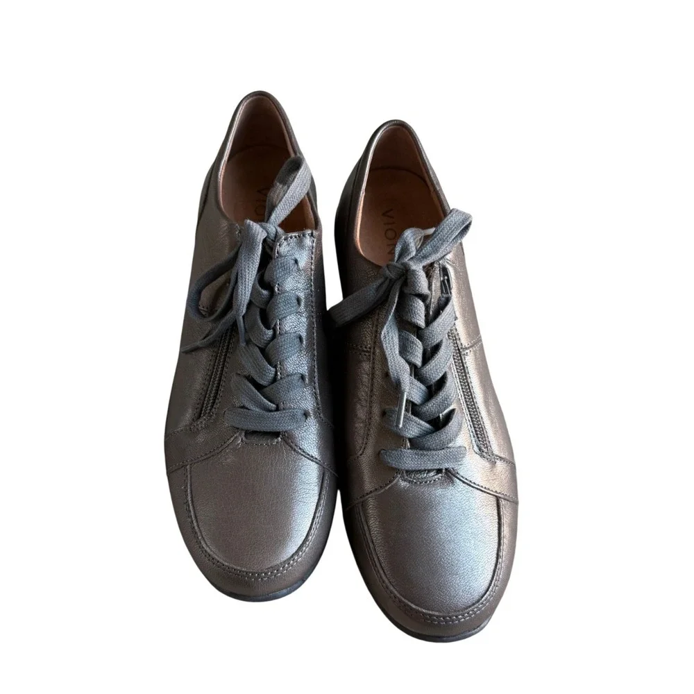 NWOT Vionic Abigail Metallic Pewter Leather Side Zip Lace Up Sneakers Womens‎ 9